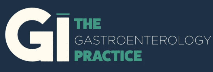 Logo for "The Gastroenterology Practice" with large letters "GI" and text in green and white on a dark blue background.