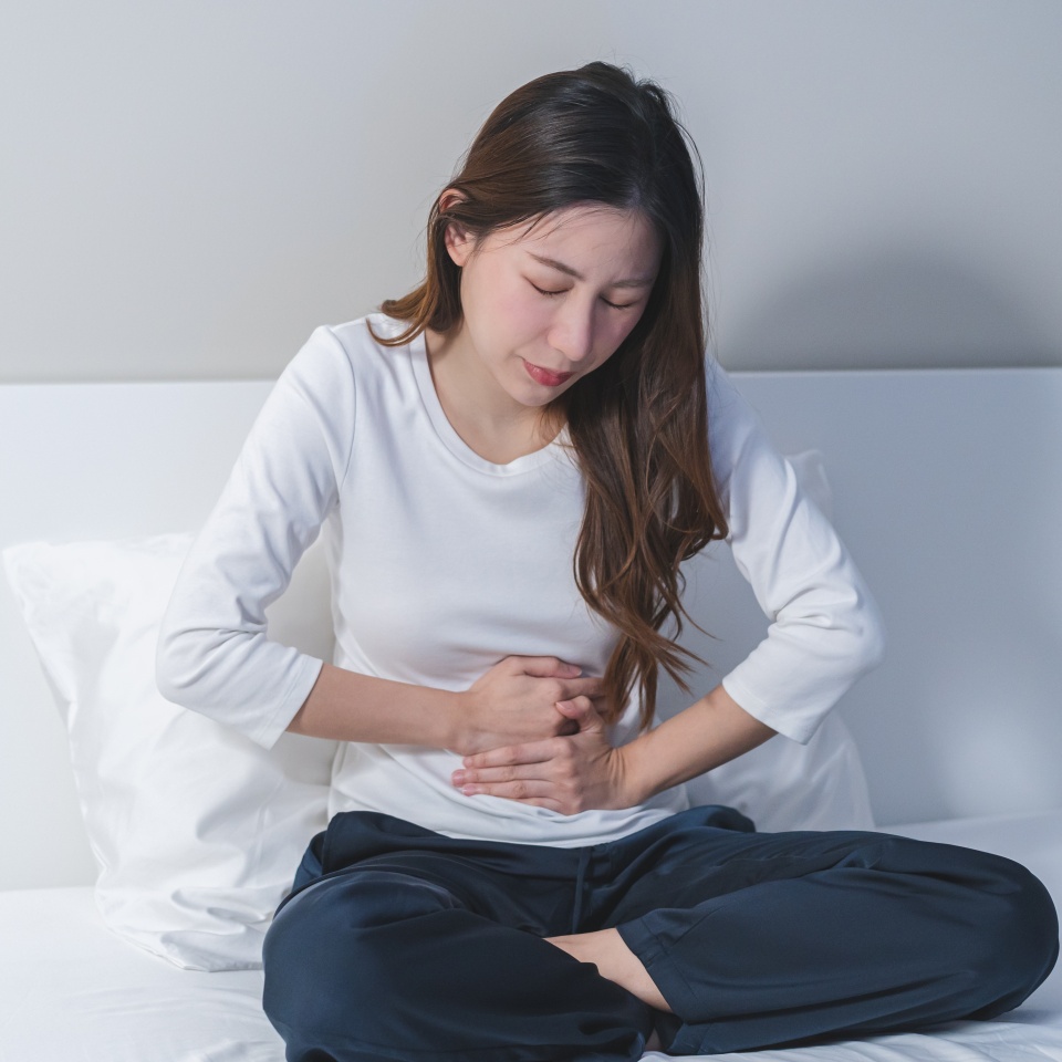 Flatulence ulcer, asian young woman, girl hands in belly, stomach pain from food poisoning, abdominal pain and digestive problem, gastritis or diarrhoea. Abdomen inflammation, menstrual period people.